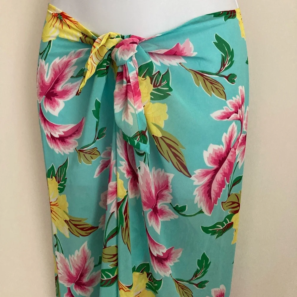 VTG Victoria’s Secret Sheer Tropical Floral Tie Front Flowy Sarong Like Pants, M